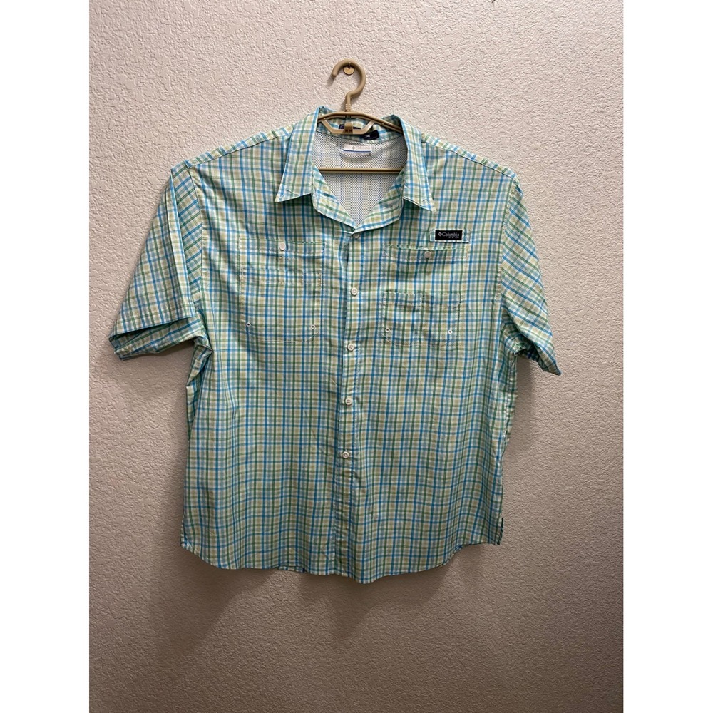 Columbia PFG Super Tamiami Mens XXL Green Blue Plaid Short Sleeve Fishing Shirt